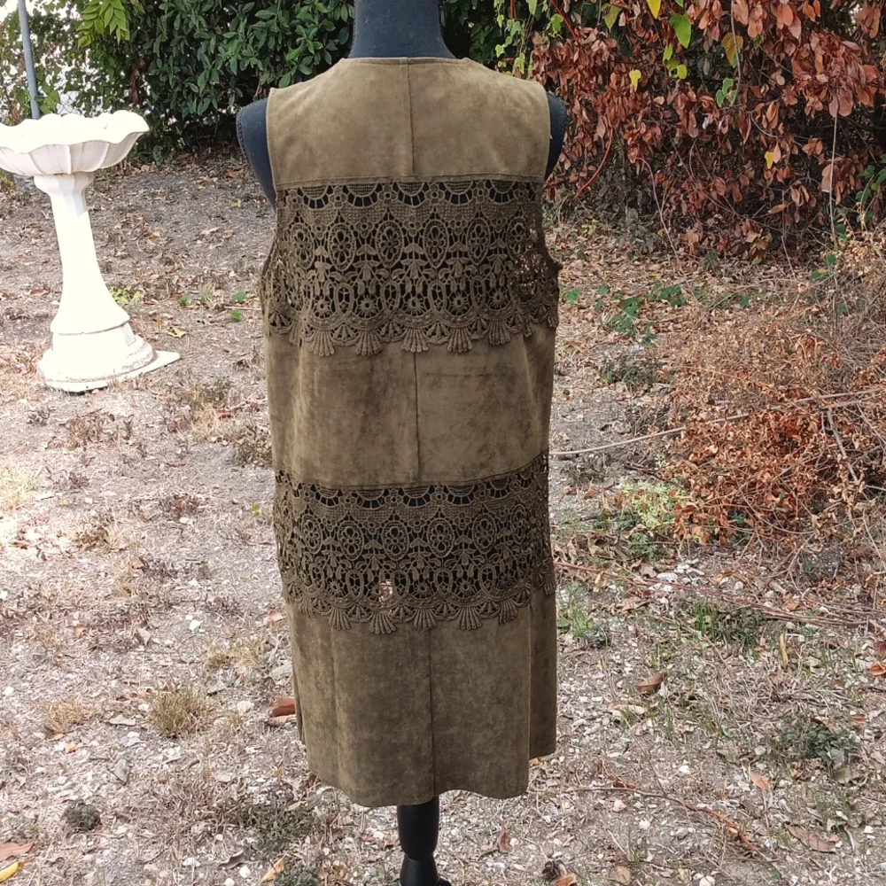 Colleen Lopez olive faux suede boho lace sleeveless duster - Picture 3 of 8